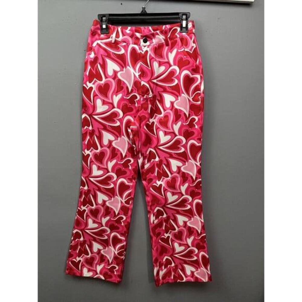 Shein Pants Womens Size 4 Small Heart Print Flare Leg high Rise Pink/Red Stretch